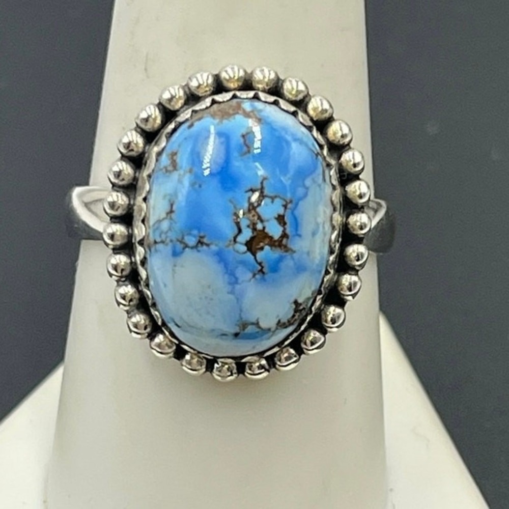 Golden Hills Turquoise Oval Cabochon Navajo Sterling Silver Beaded Ring Sz 9‎